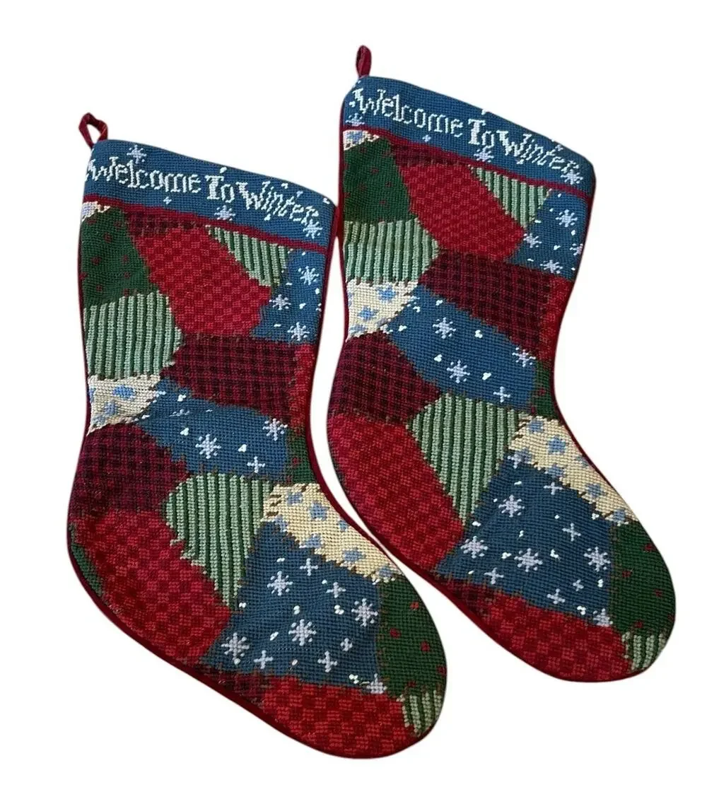 Pair Of Wool Needlepoint Christmas Stockings Snowflakes Patchwork Welcome Winter